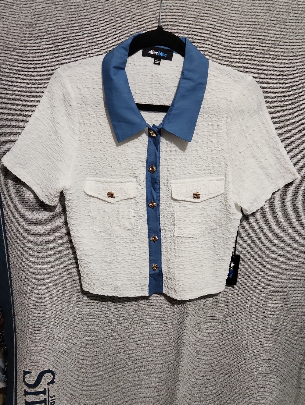 Alice Blue White Textured Short Sleeve Shirt with Blue Collar and Placket